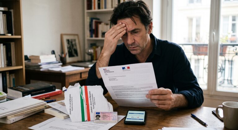 Homme accablé lisant une lettre de retrait de permis solde de 0 point