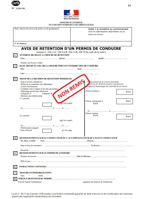 avis de retention de permis de conduire