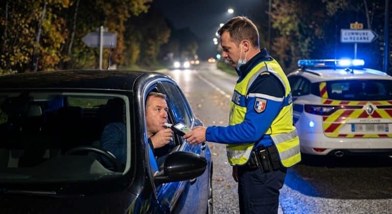 Contrôle d'alcoolémie de nuit par un gendarme sur un conducteur