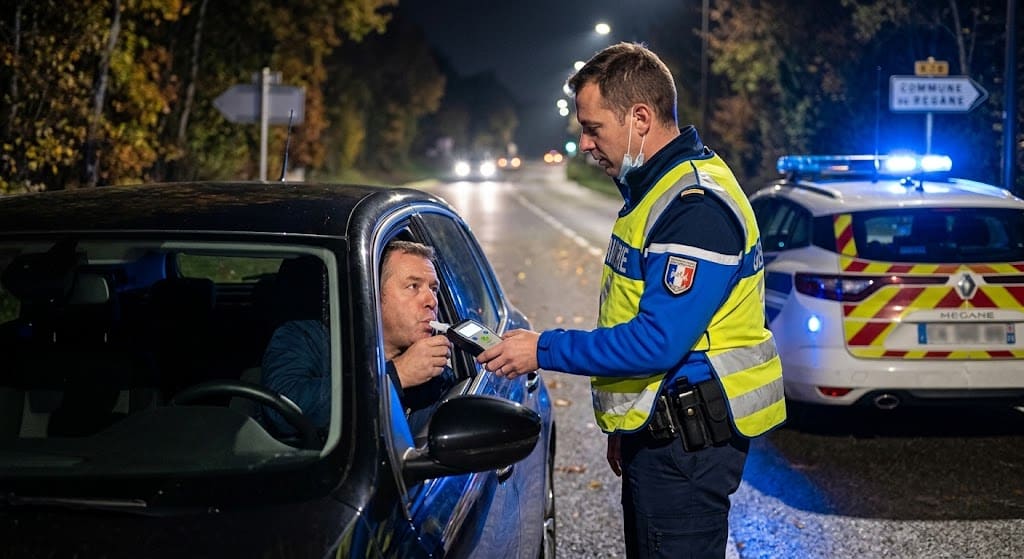 Contrôle d'alcoolémie de nuit par un gendarme sur un conducteur