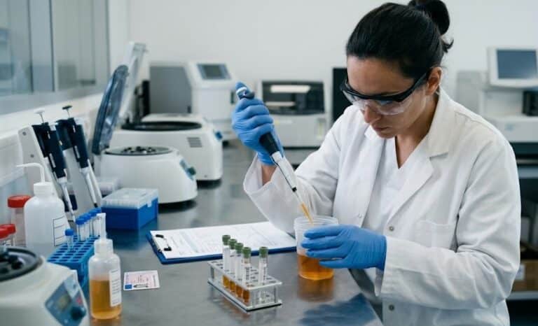 Technicienne de laboratoire réalisant un test urinaire lié au permis de conduire