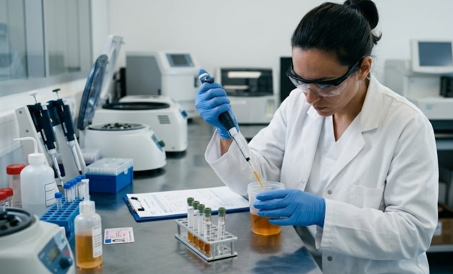 Technicienne de laboratoire réalisant un test urinaire lié au permis de conduire