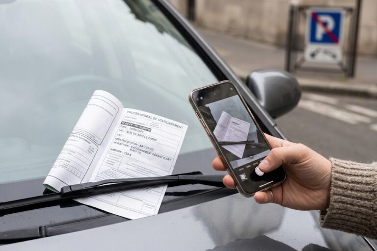 Conducteur photographiant une contravention de stationnement sur son pare-brise.