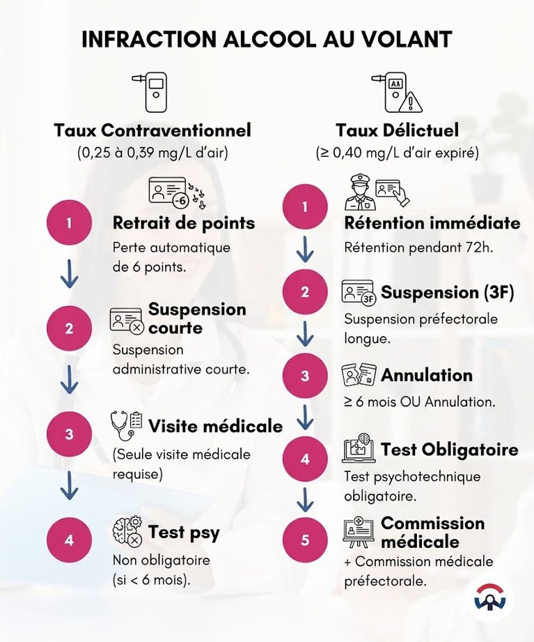 Infographie des sanctions pour alcool au volant : taux contraventionnel ou délictuel.