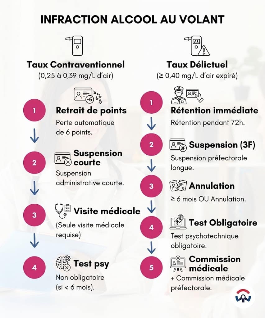 Infographie des sanctions pour alcool au volant : taux contraventionnel ou délictuel.