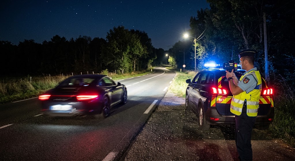 Gendarme effectuant un contrôle de vitesse au radar la nuit.