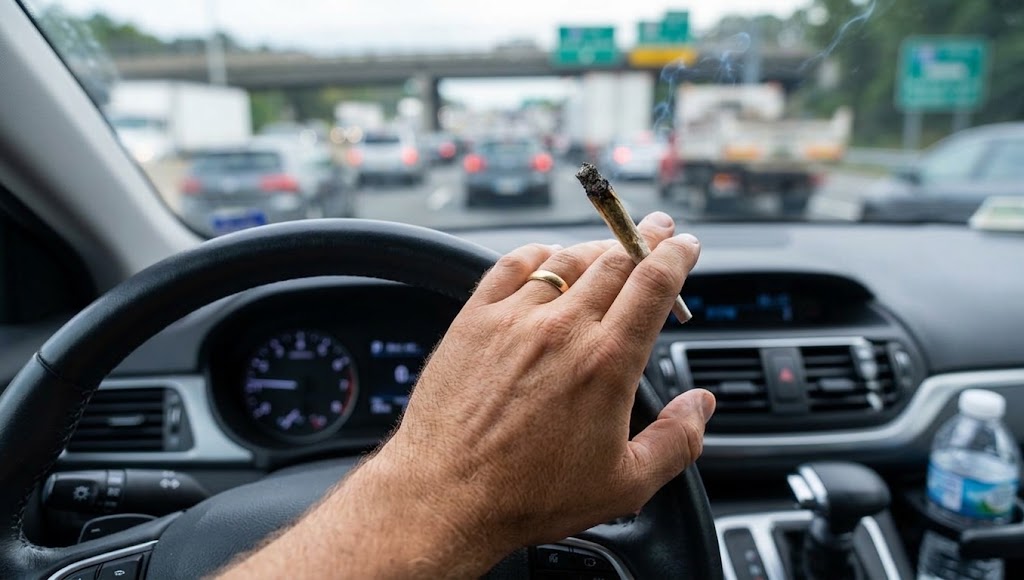 Conducteur fumant un joint de cannabis au volant, illustrant la conduite sous stupéfiants.