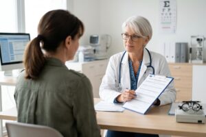 Patiente en visite médicale avec un médecin agréé suite à une suspension de permis.