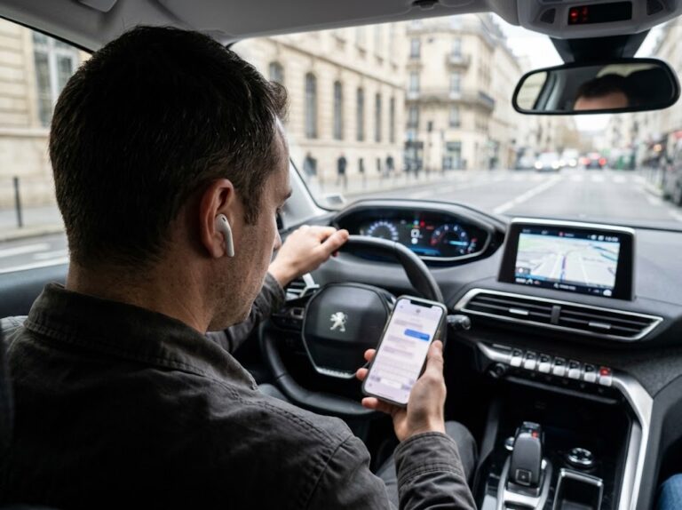 Conducteur au volant utilisant son téléphone et portant des écouteurs