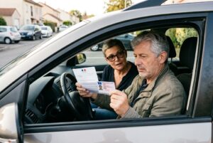 Couple inquiet lisant un courrier officiel concernant le permis de conduire en voiture